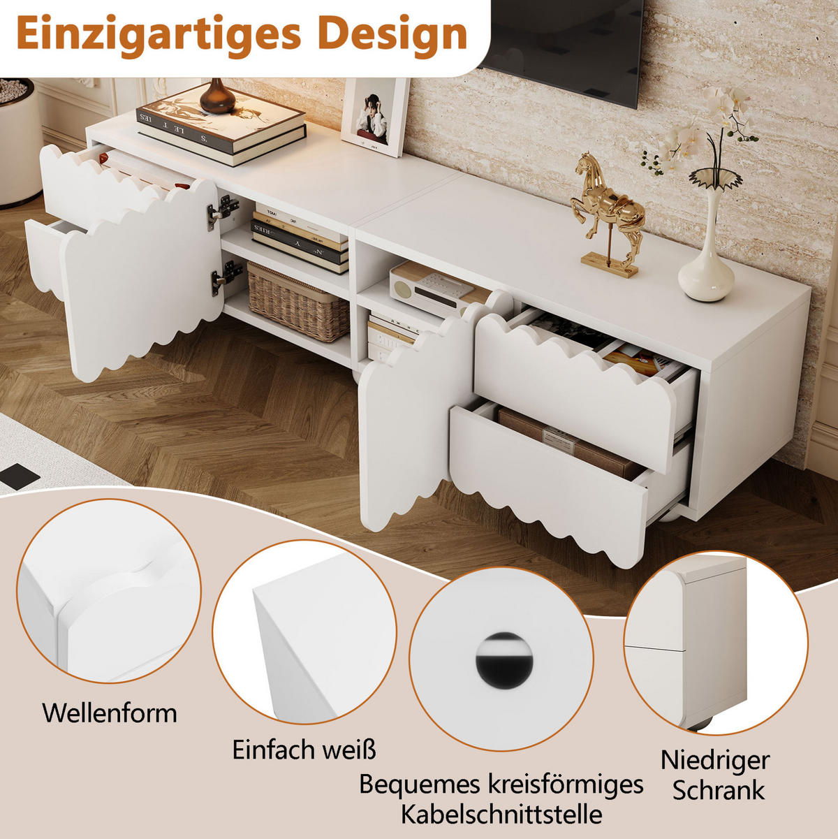 TV ormarić 175/38/37 cm bijeli od MDF-a i iverice s vratima i ladicama - bijela, drvni materijal (175/37/38cm) - OKWISH