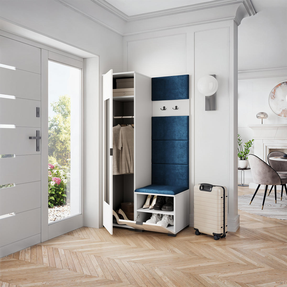 GARDEROBENSCHRANK VIRA 95/181/51 cm Modern Garderobe-Set Weiß - Blau/Weiß, Holzwerkstoff (95/181/51cm) - MASSENO