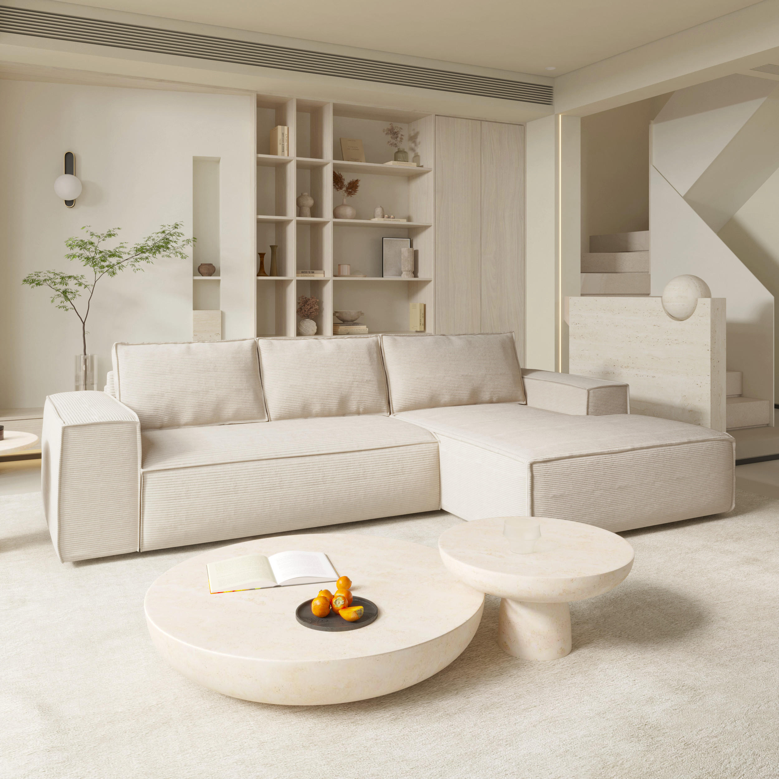 ECKSOFA RECHTS Gerippter Samt Creme 302cm - Creme, Textil (302/165cm) - Sia Home