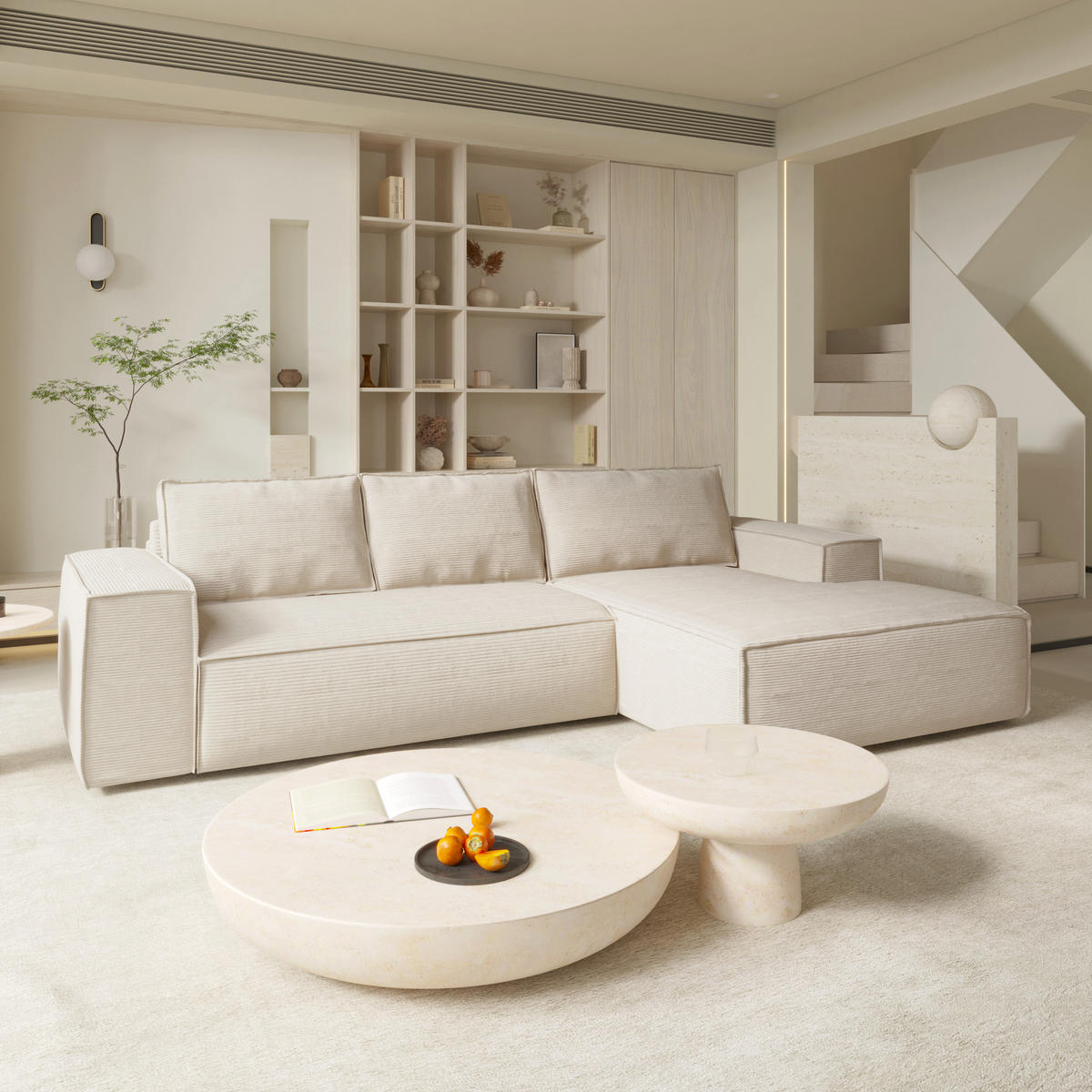 ECKSOFA RECHTS Gerippter Samt Creme 302cm - Creme, Textil (302/165cm) - Sia Home