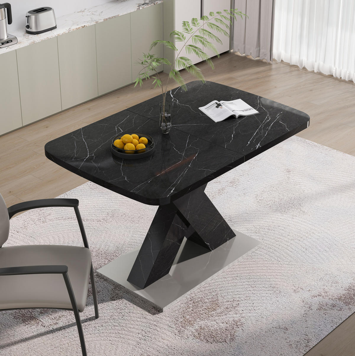 ESSTISCH aus MDF und Stahl 120-160x80x76,5 cm Schwarz ausziehbar mit Marmoroptik und X-Gestell - Schwarz, Holzwerkstoff (160/80/76.5cm) - Modfu