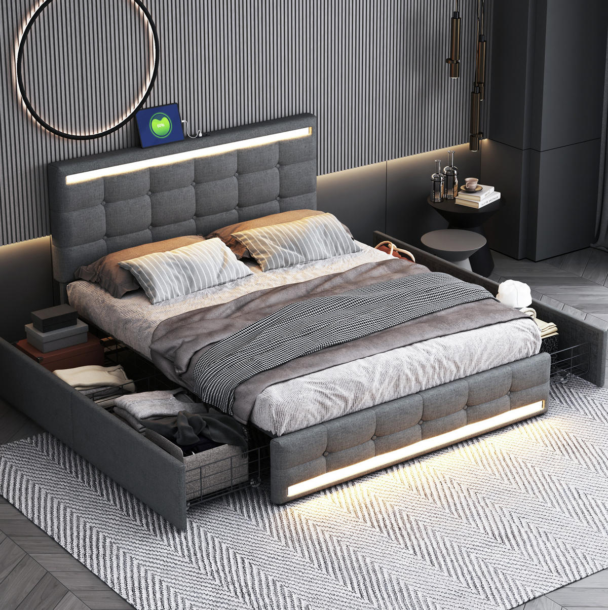 POLSTERBETT 140/200 cm grau mit LED-Beleuchtung und 4 Schubladen - Grau, Textil (140/200cm) - OKWISH