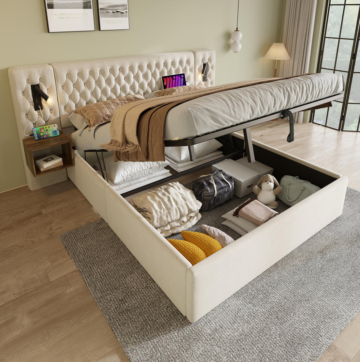 BETTANLAGE mit Stauraum 160x200 cm Samt Beige inkl. 2 Nachttischen - Beige, Metall (160/200cm) - Meubliv