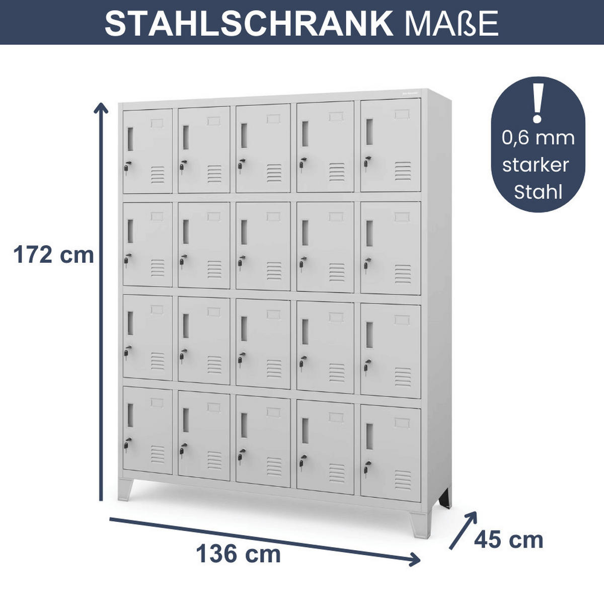 SCHLIESSFACHSCHRANK Spind TAMPA 20 Fächer172x136x45cm Grau - Grau, Metall (136/172/45cm) - DELUKE