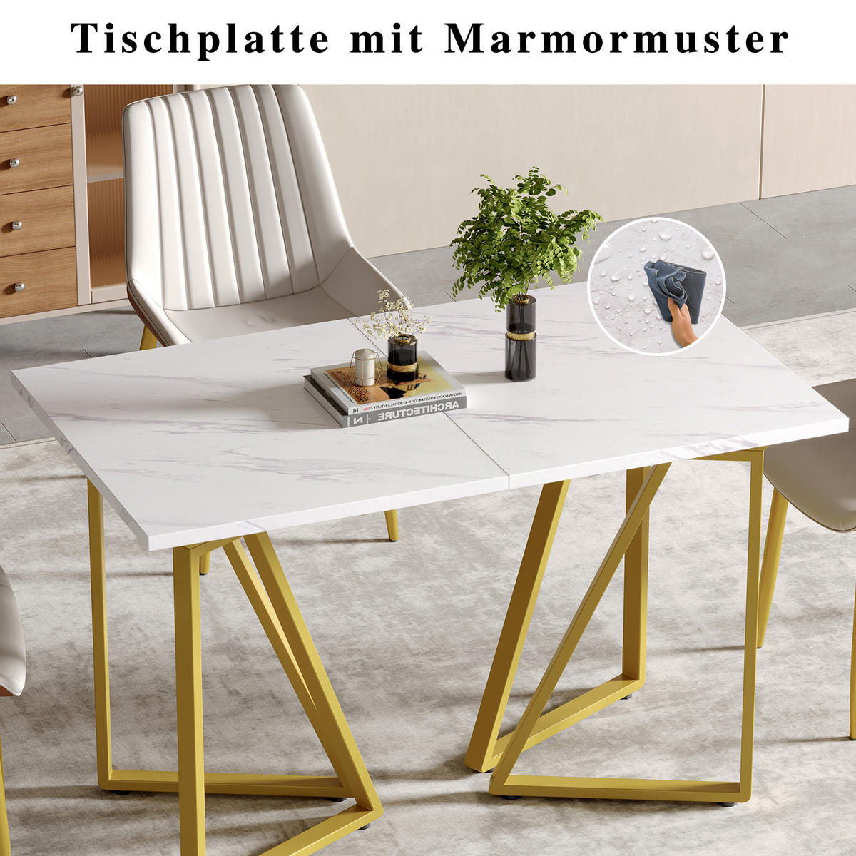 ESSTISCH SET Marmoroptik Weiß mit 4 Stühlen Wildlederoptik Braun - Braun, Holzwerkstoff (160/74/73cm) - Urban Meuble