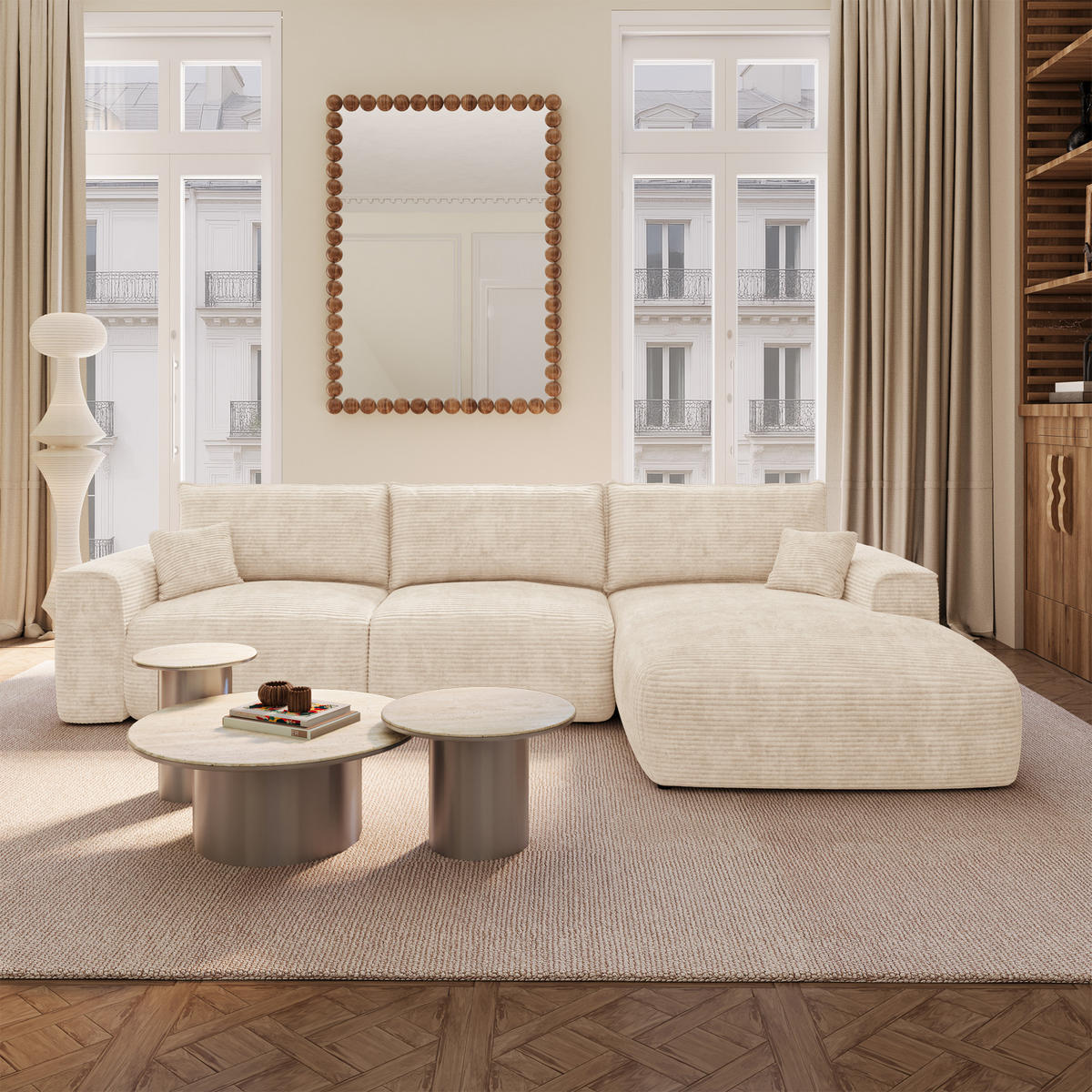 ECKSOFA rechtwinklig COMO Cord Beige 297cm - Beige, Textil (297/167cm) - Premium Interiors