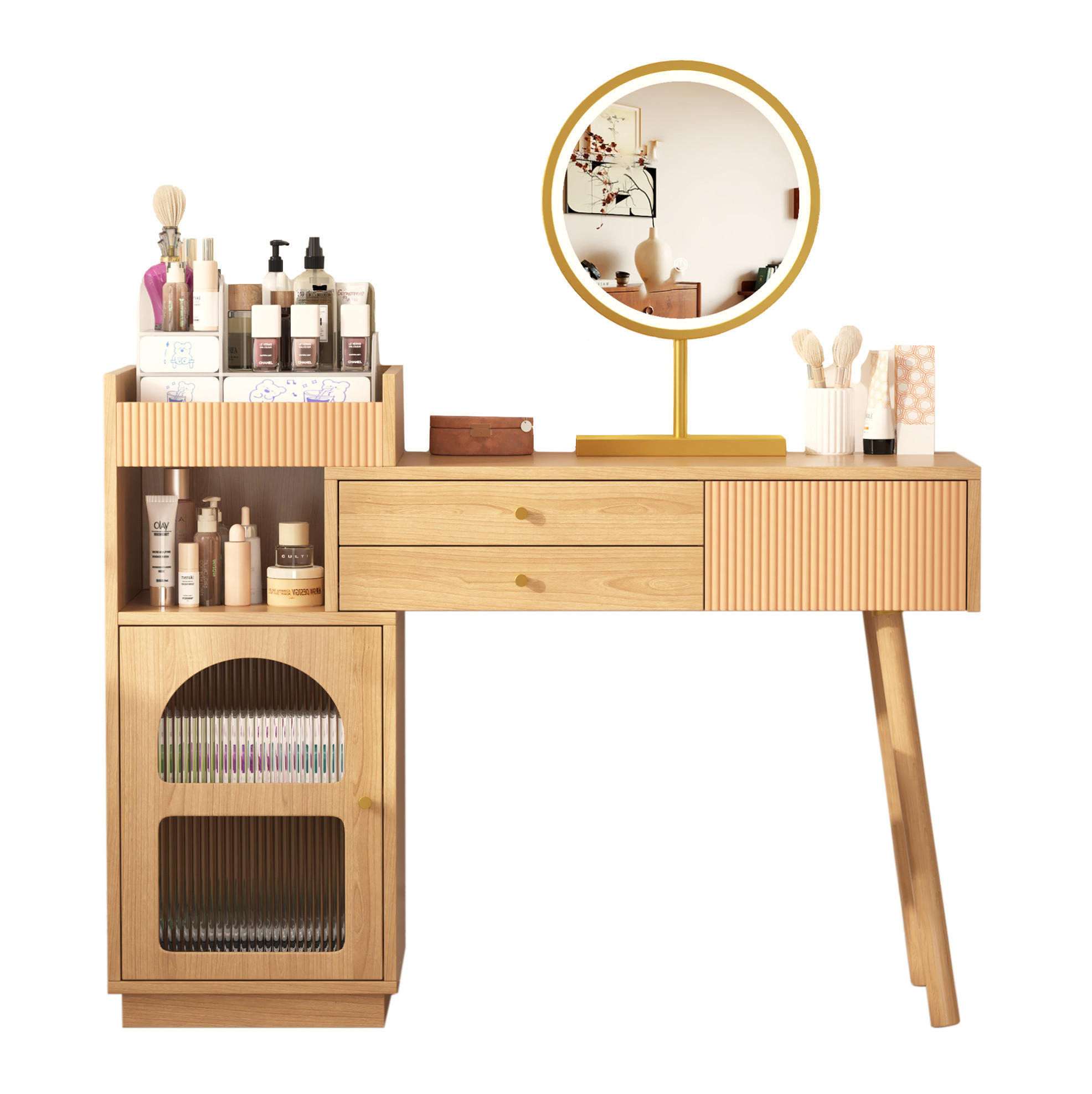 SCHMINKTISCH 120/40/90 cm in Natur mit LED-Spiegel und Seitenschrank - Naturfarben, Holzwerkstoff (120/40/90cm) - Flora Grace