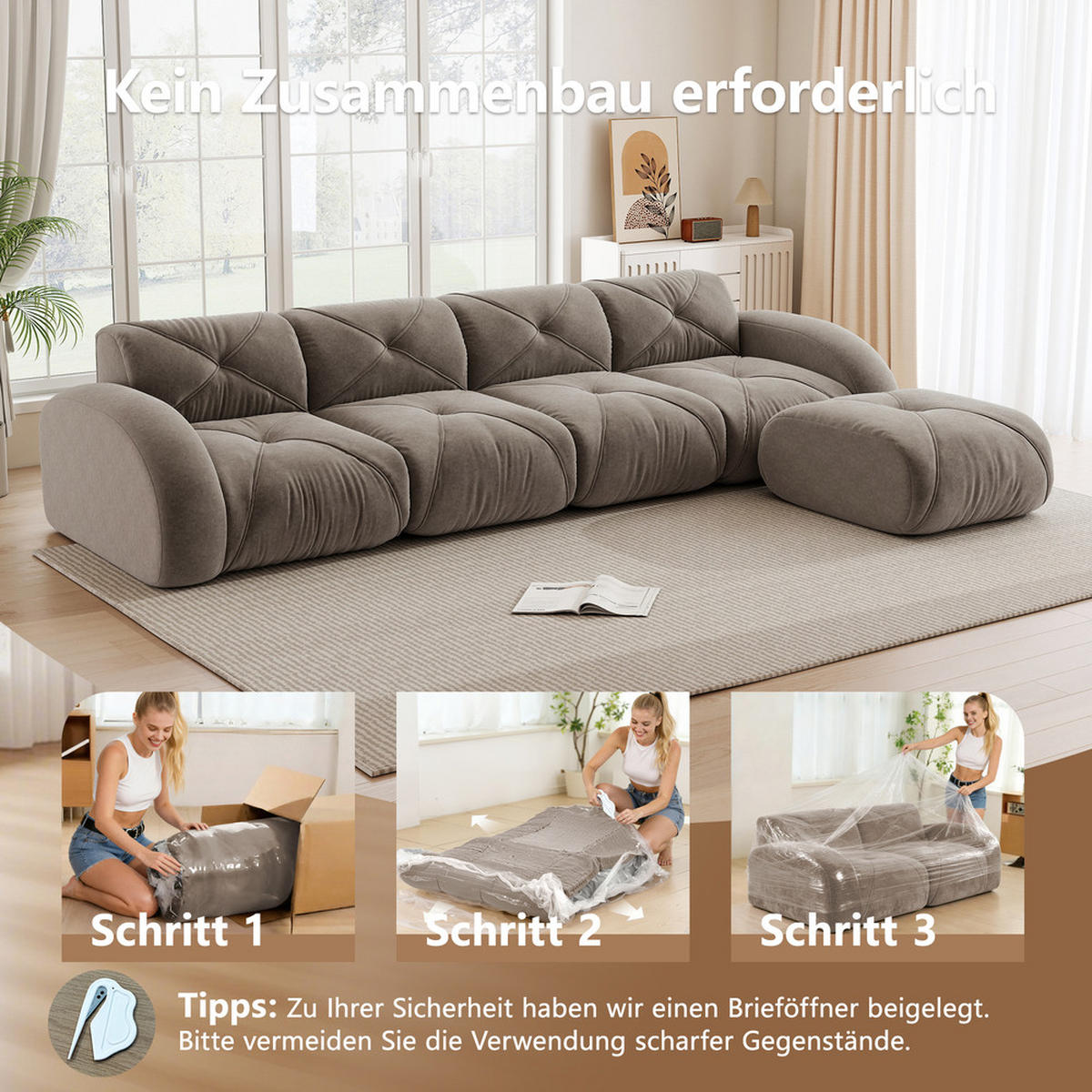 ECKSOFA 358x171cm Der rutschfeste Sockel - Taupe, Textil (171/358cm) - Raelunyi