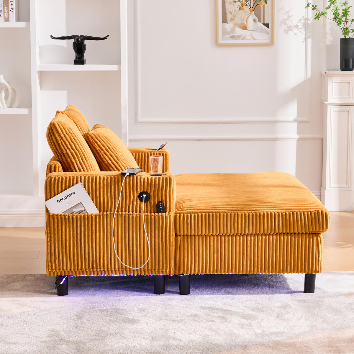 LIEGESTUHL mit LED-Stimmungsbeleuchtung，Cordstoff- Senfgelb - Gelb, Textil (142/85/128cm) - KOMHTOM