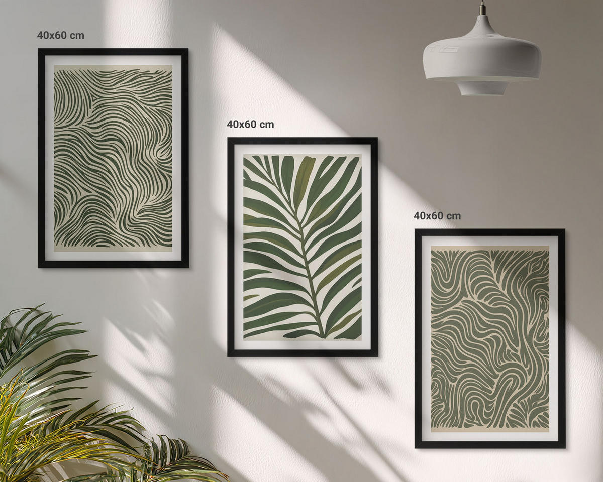 WANDBILDER 3er-Set - 40x60 cm Schwarzer Rahmen - Blattmuster wellenförmige Formen - Schwarz, Kunststoff (40/60cm) - ArtPrintCave