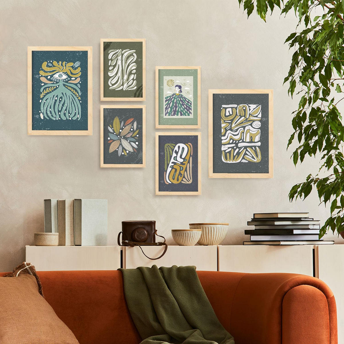 POSTER Set Mit 6 Drucken Mit Kalten Tönen In Der Sammlung Ethnischer Style Drucke Dekorative Für Zuhause Wandkunstdruck A3 & A4 Rahmen Aus Hellem Holz - Beige, Papier (29/3cm) - Nacnic