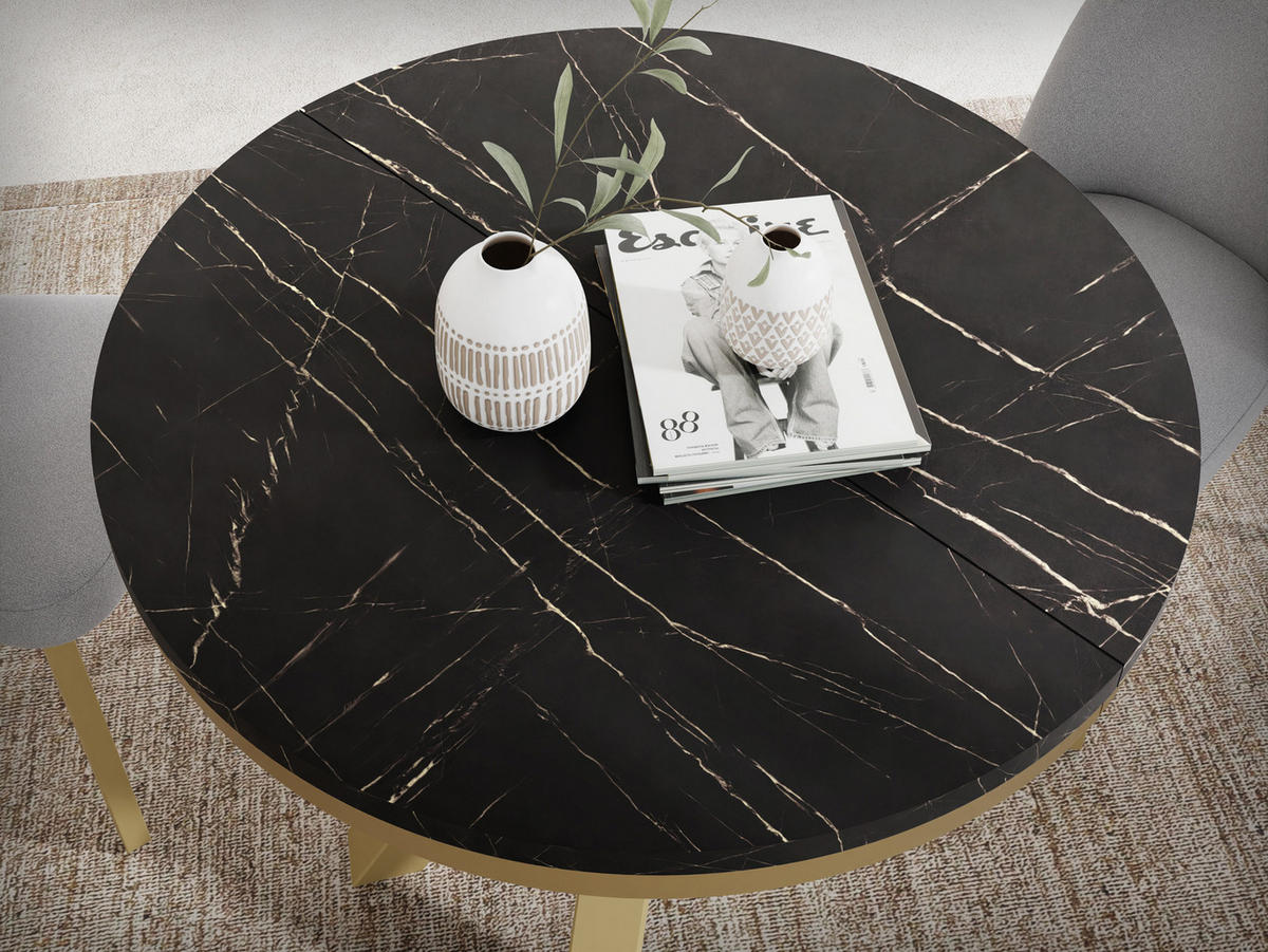 ESSTISCH Clara Gold runder ausziehbarer, Marmor Schwarz 100-180/100/76 cm - Anthrazit/Goldfarben, Holzwerkstoff/Metall (100/100/76cm) - WFL GROUP