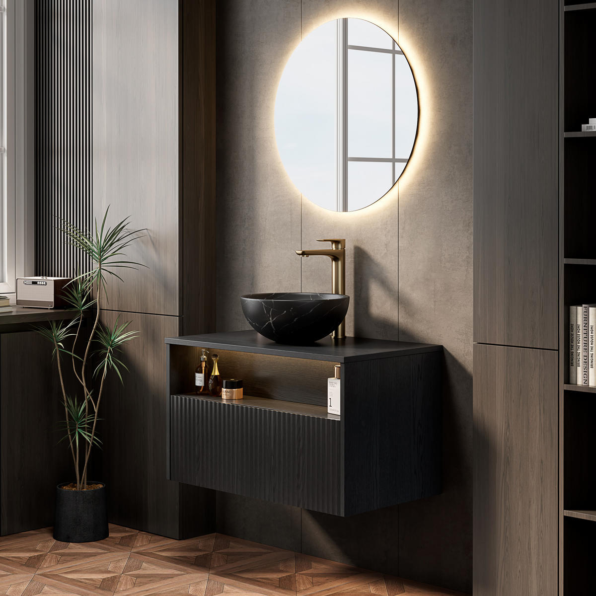 WASCHTISCHKOMBI 80x46x60.8cm in Schwarz mit Sensor-LED, Soft-Close & Massivholzfront - Schwarz, Keramik (80/60.8/46cm) - Modfu
