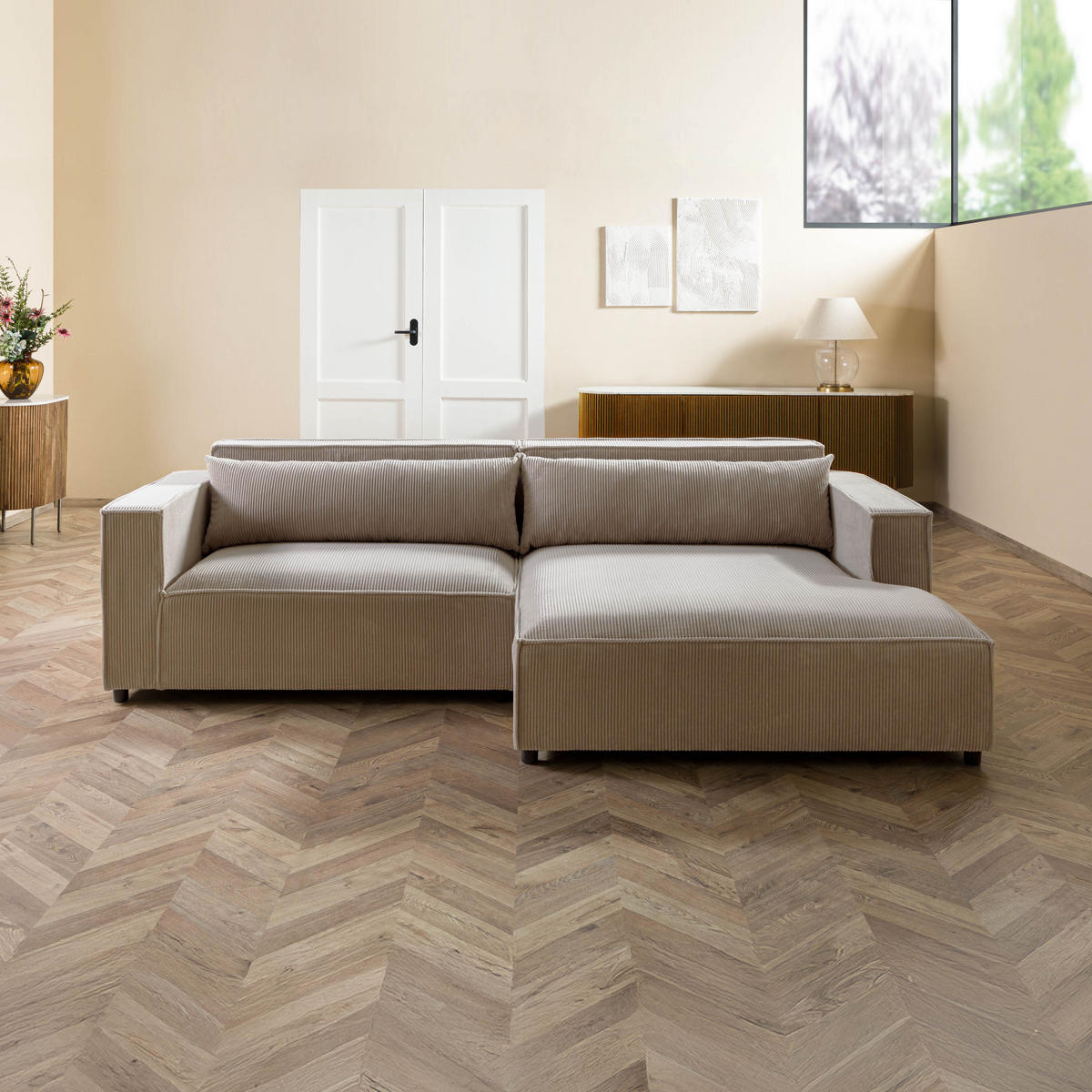 ECKSOFA Ottomane rechts Cord Velours 266x150x80 beige FINN - Beige, Kunststoff (266/150cm) - Massivmoebel24