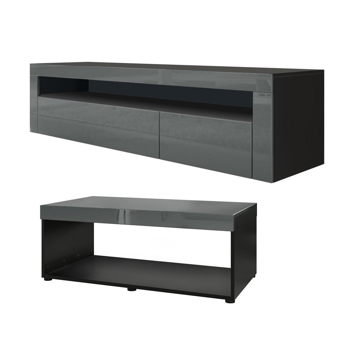 WOHNZIMMERSET Berlin Grau Hochglanz - Grau, Holzwerkstoff (155/46/40cm) - Vladon