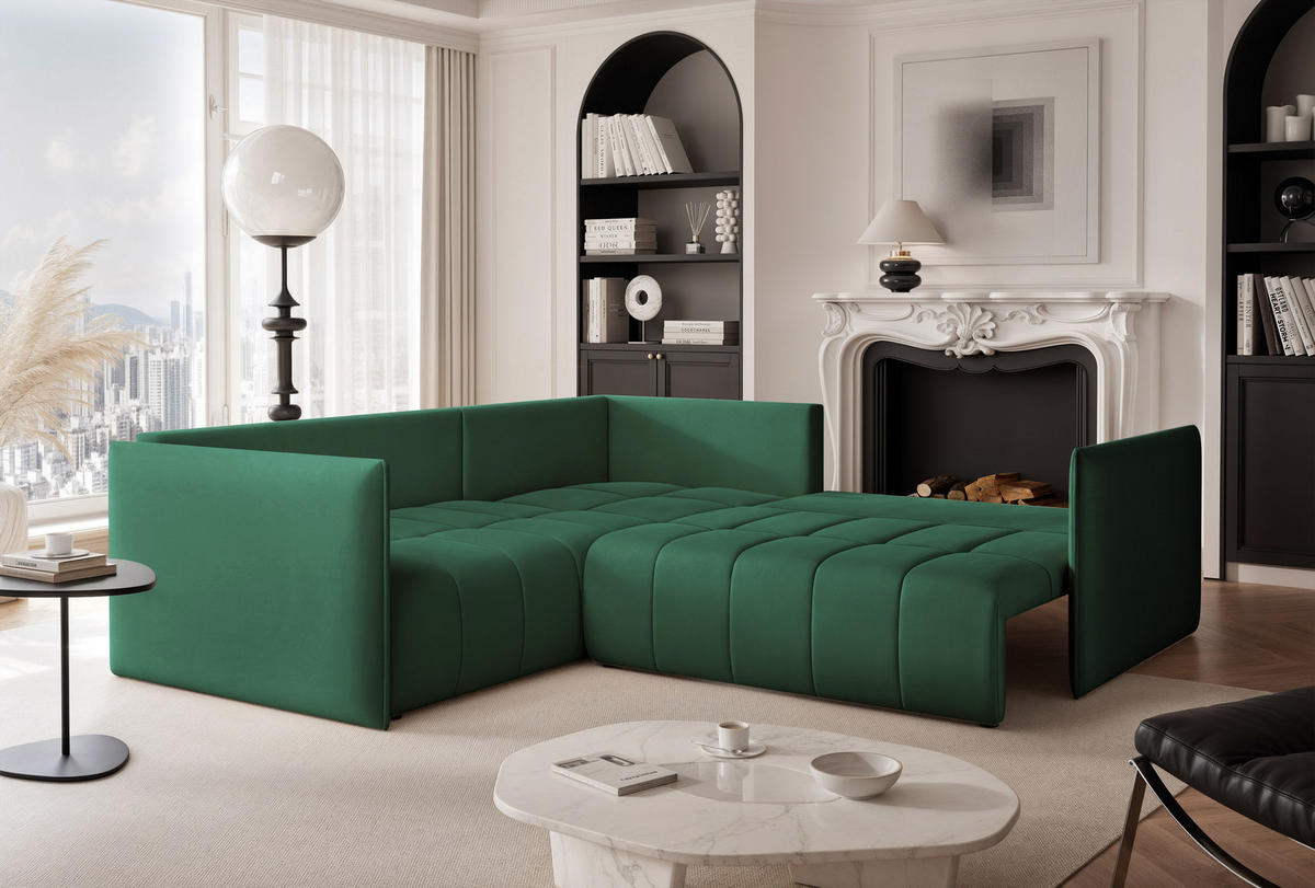 ECKSOFA OLIMPIA mit Schlaffunktion und Bettkasten Grün - Grün, Holzwerkstoff/Kunststoff (235/230cm) - Idohome