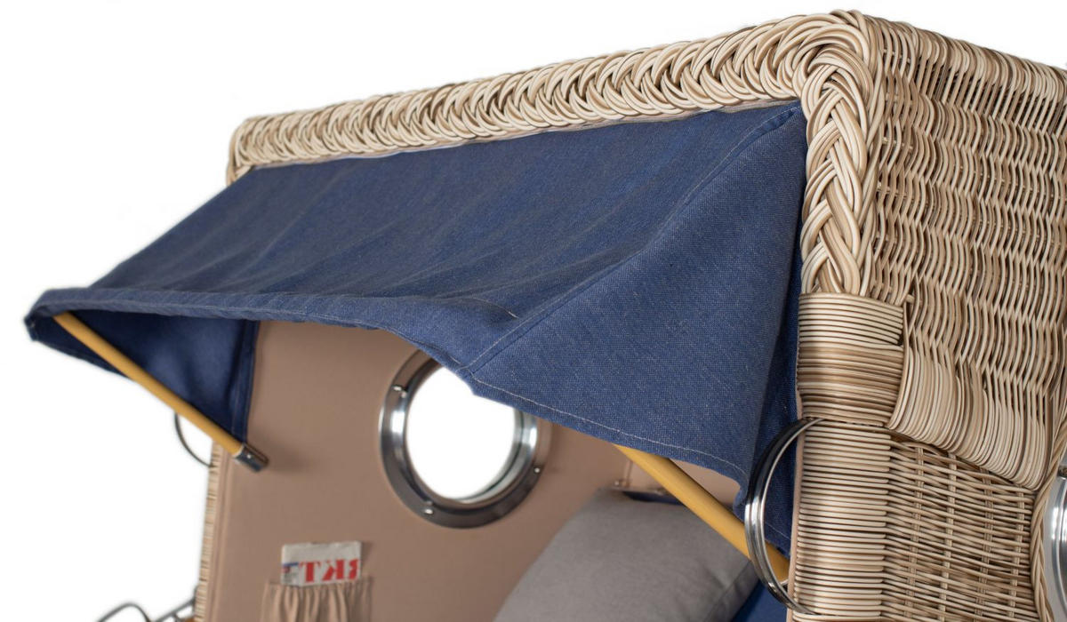 STRANDKORB Komplettset: Ammersee Grande XL Teak Bullauge - PE shell - Modell 595 - Blau/Grau, Holz/Kunststoff (142/165/95cm) - bene living