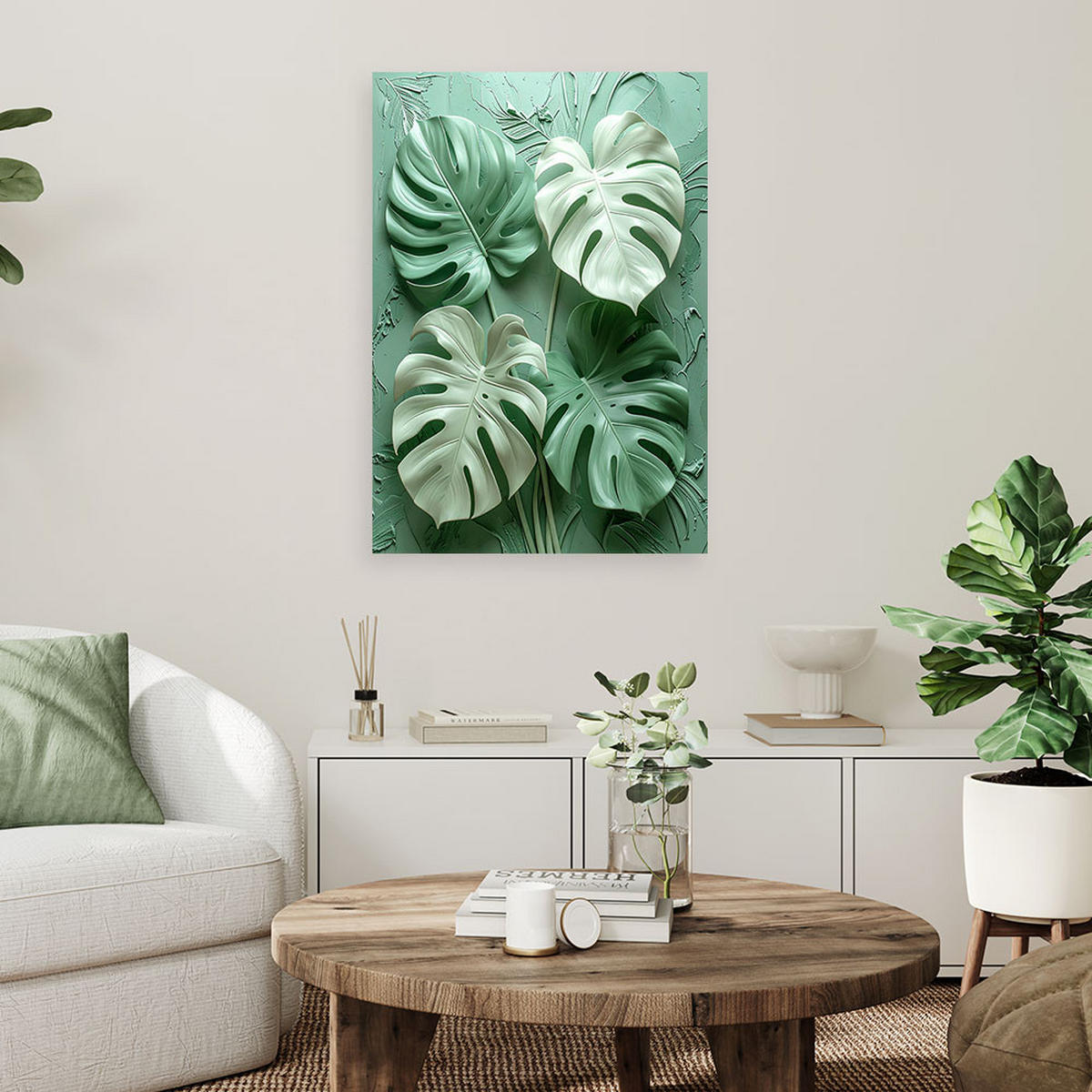 LEINWANDBILD, Dekorative Monstera-Blätter in einer pastellgrünen Komposition - Grün, Textil (20/30cm) - Feeby