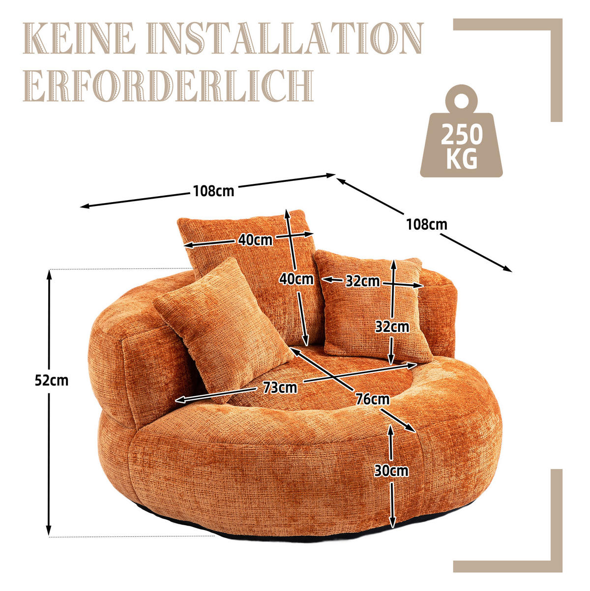 SITZSACK Chenille 108 x 108 x 52 cm Orange - Orange, Kunststoff (108/52/108cm) - Beauniv