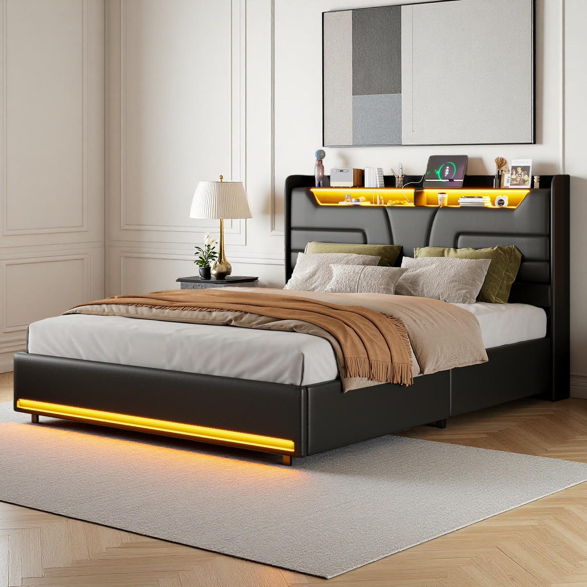 POLSTERBETT 140x190 cm LED USB Hydraulik Stauraum Lattenrost PU schwarz - Schwarz, Holz (140/190cm) - Fortuna Lai