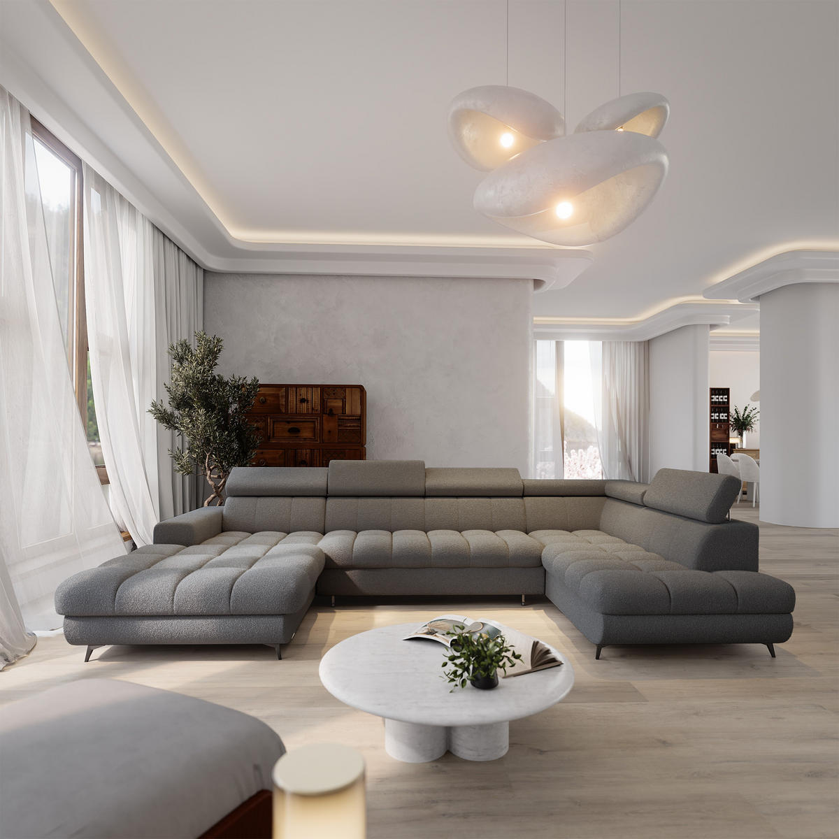 WOHNLANDSCHAFT CORENO Grau Boucle-Stoff mit Schlaffunktion - Grau, Holz (345/88/190cm) - MASSENO