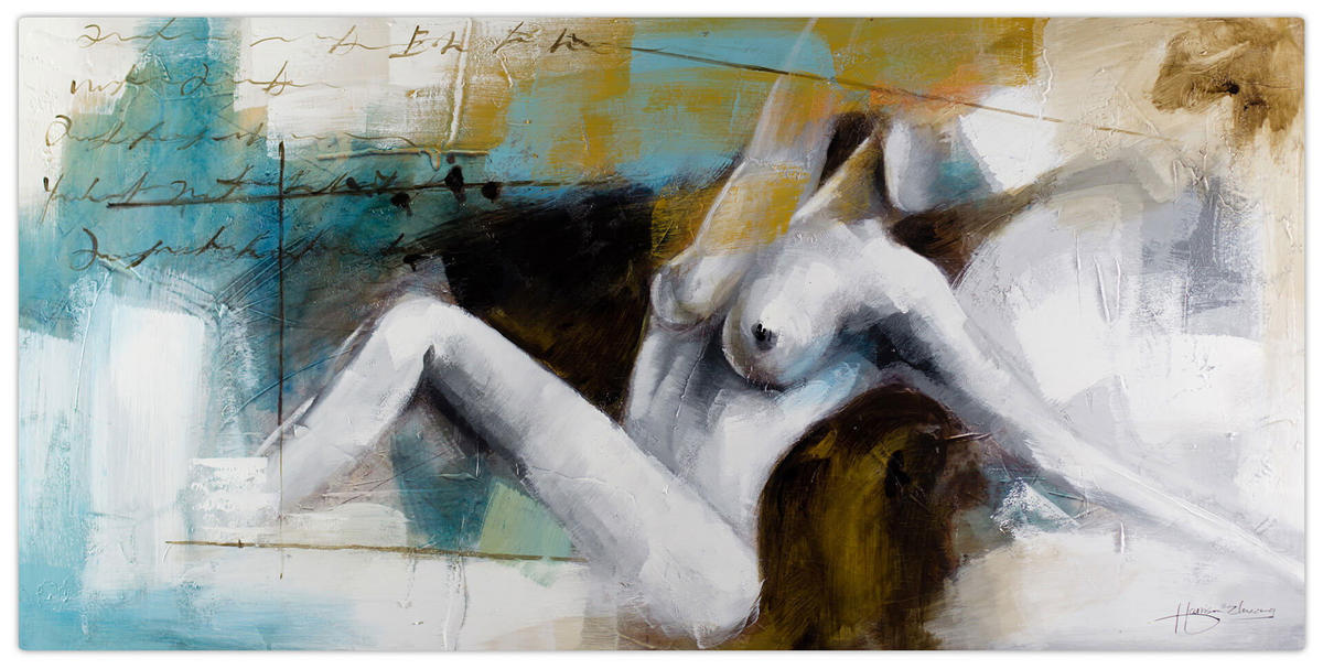 ÖLGEMÄLDE 120/60 cm - Petrol/Weiß, Holz/Textil (1.6/60cm) - KUNSTLOFT