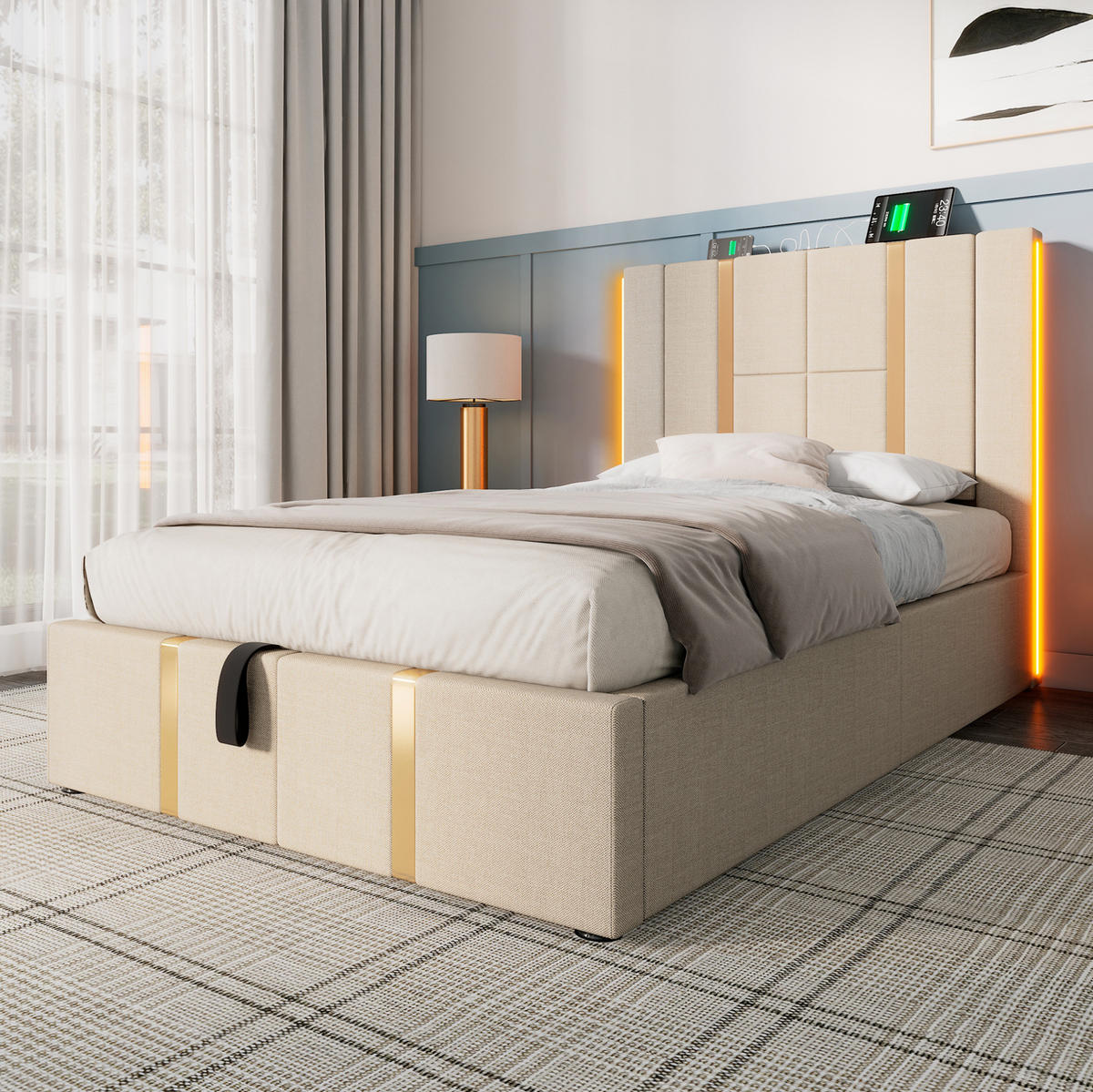 ČALÚNENÁ posteľ 90/200 cm béžová s LED, USB a USB-C a úložným priestorom z ľanovej tkaniny - béžová, textil (90/200cm) - OKWISH