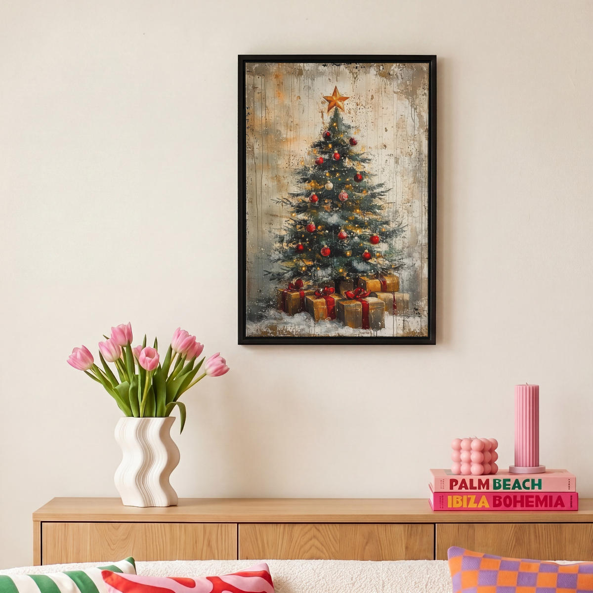 LEINWAND Bilder mit Rahmen - Weihnachtsbaum - Vintage - Weihnachten - Geschenk - 20x30 - Rostfarben, Textil (20/30cm) - MuchoWow