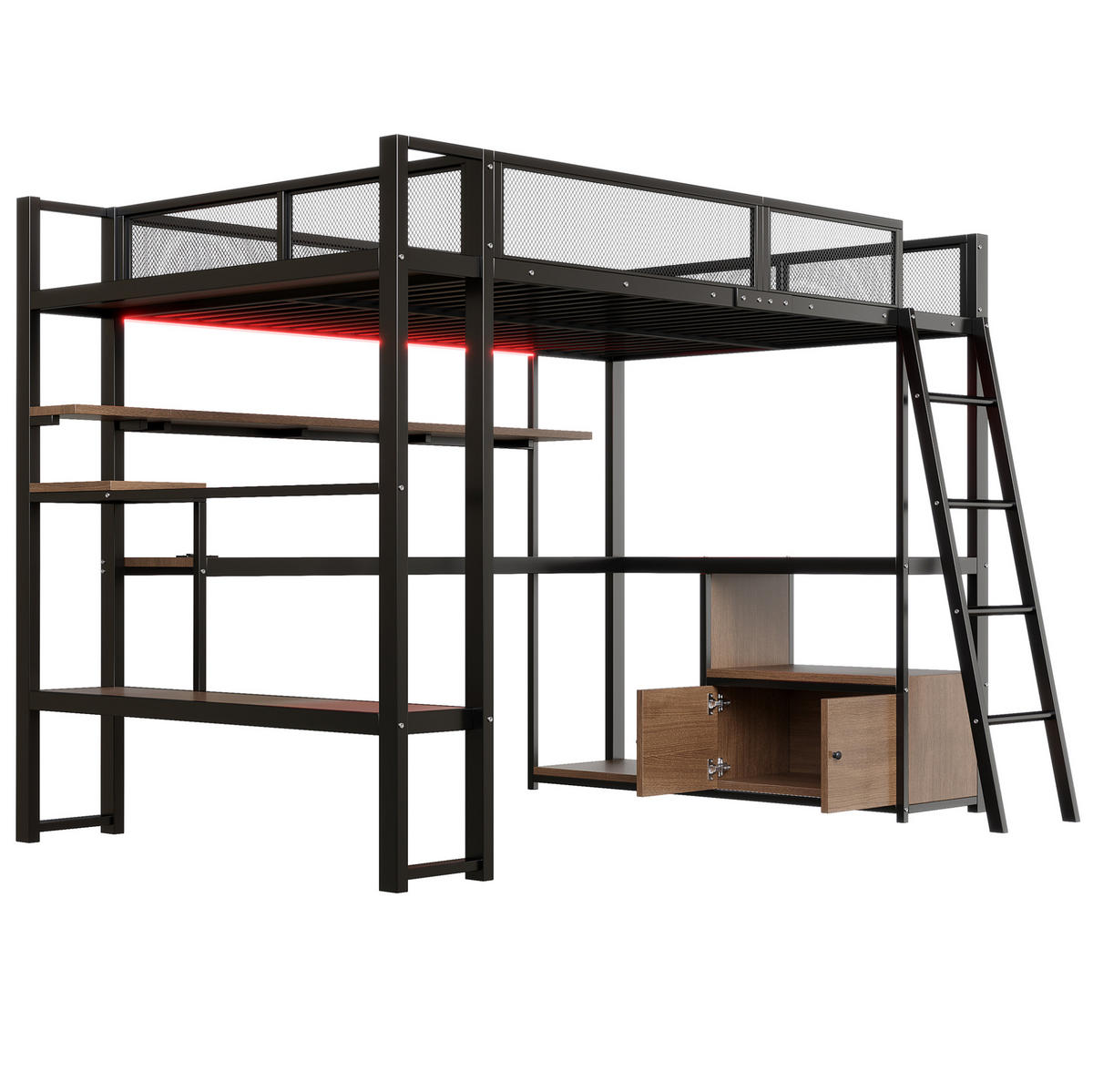 HOCHBETT 140/200 cm mit Schreibtisch, LED-Beleuchtung, Ladestation und Stauraum, Schwarz - Schwarz, Holzwerkstoff (140/200cm) - Redom