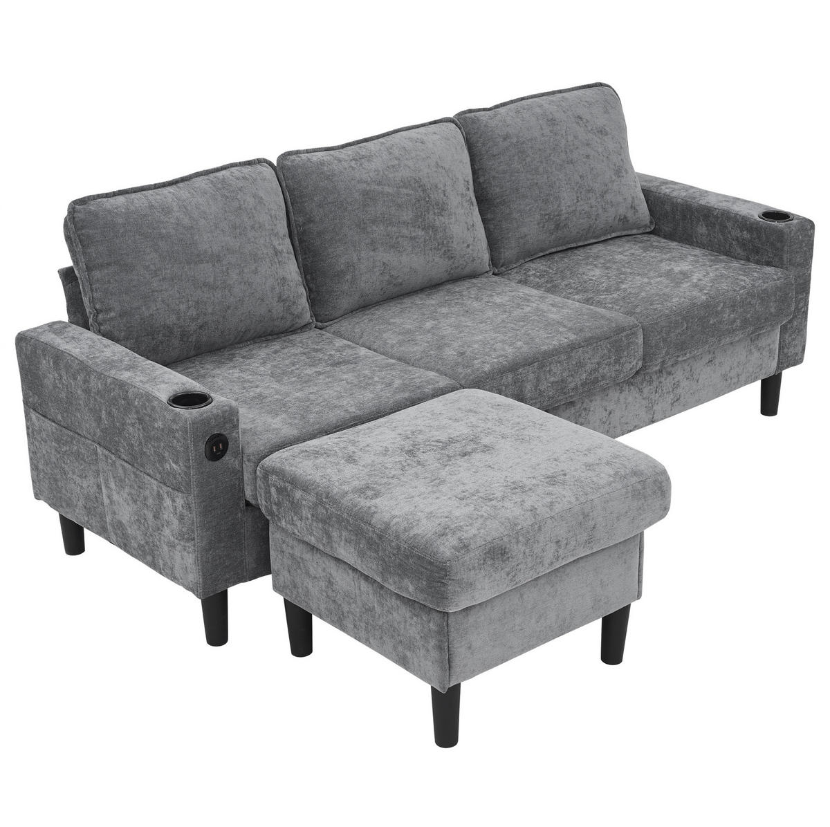 ECKSOFA Gepolstertes 3-Sitzer mit Fußhocker und USB und Typ-C-Anschlüssen Grau Leinen 202/137/80 cm - Grau, Textil (202/137cm) - OKWISH