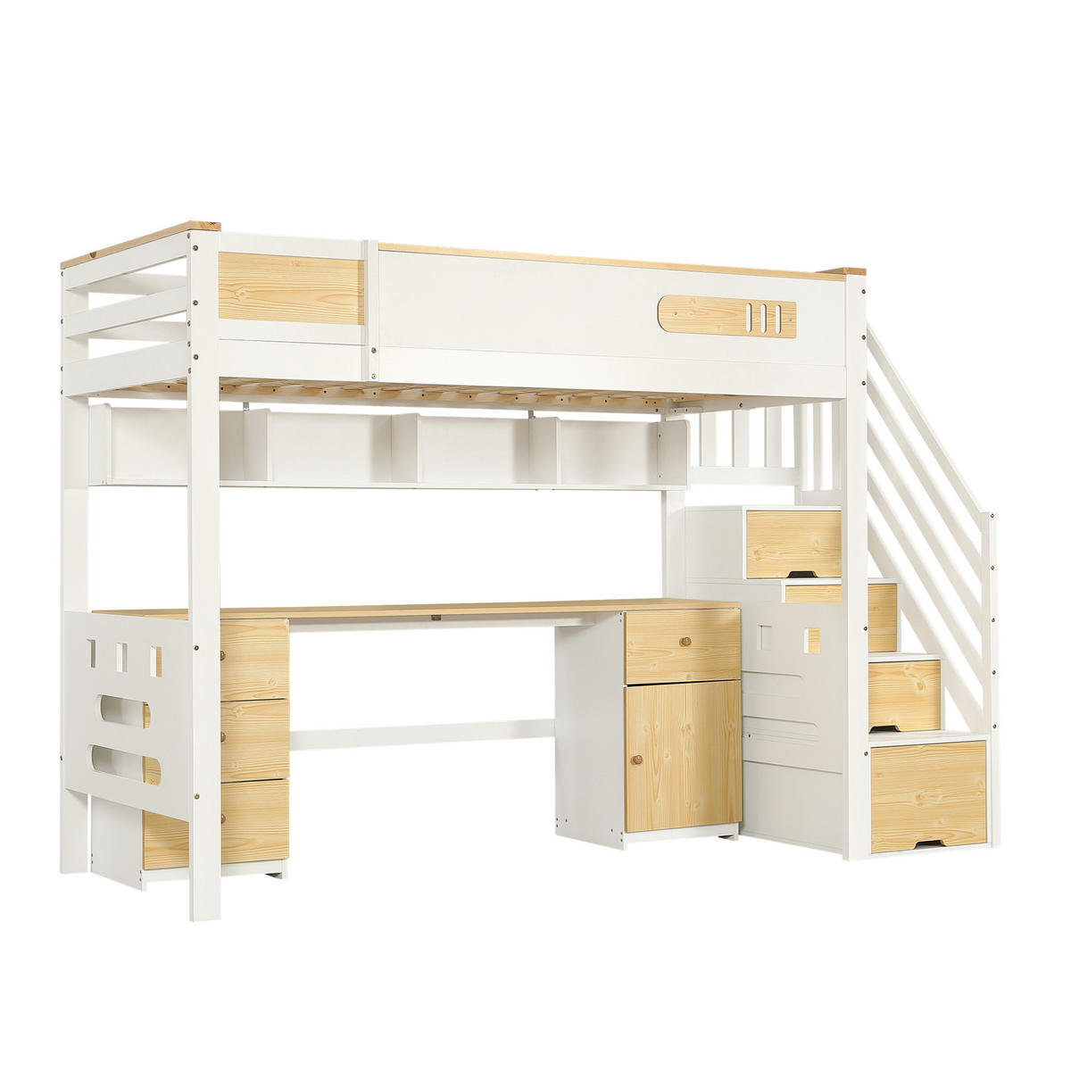 HOCHBETT Massivholz/MDF 90x200 cm Weiß/Natur mit Schreibtisch, Schubladen und Stauraumtreppe - Weiß, Holz (90/200cm) - Modfu