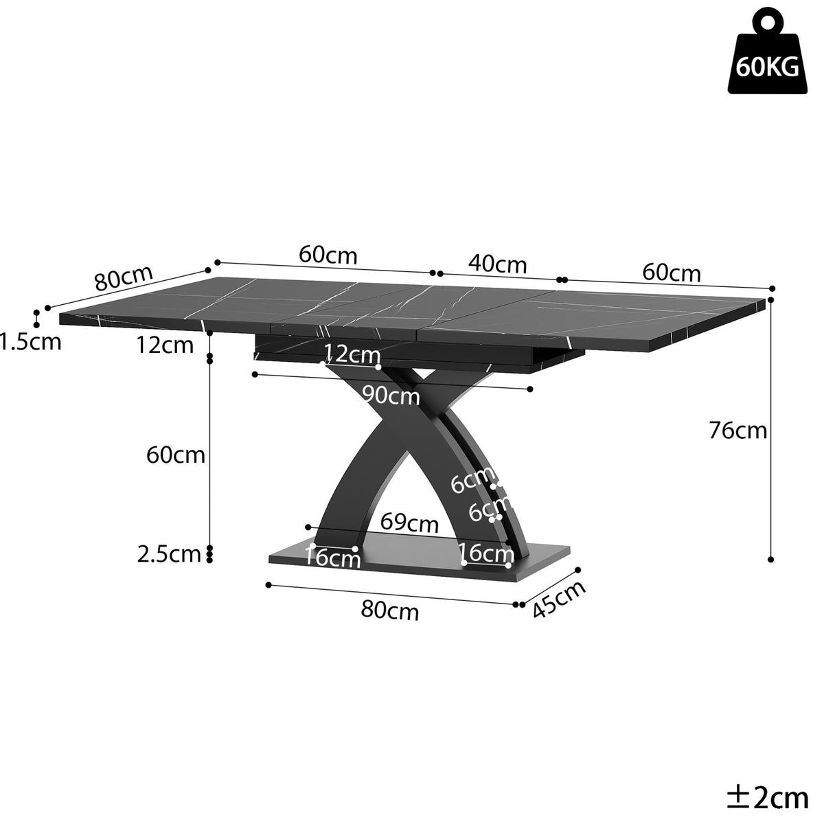 ESSTISCH 120(160)/80/76 cm ausziehbar mit versteckter Einlegeplatte und X-Gestell, Schwarz - Schwarz, Holzwerkstoff (120/80/75cm) - Redom