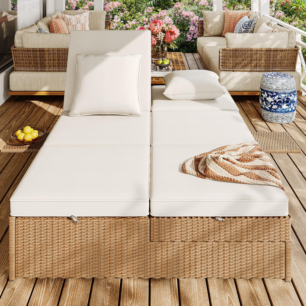 GARTENLIEGE Doppelbett Rattan Klappbar Wetterfest Mit Kissen Weiß - Weiß, Metall (120/37/199cm) - FLIEKS
