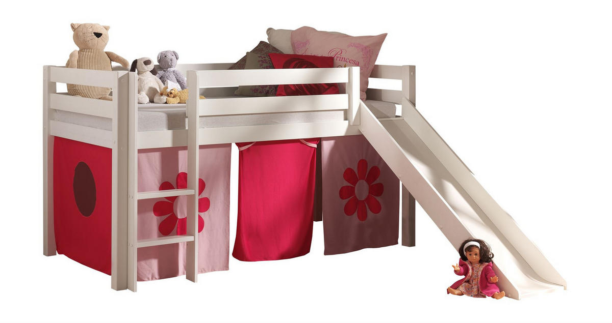HOCHBETT mit Rutsche Karolina Massivholz Weiß Textilset Flower - Pink/Weiß, Holz (90/200cm) - 58aufmkessel
