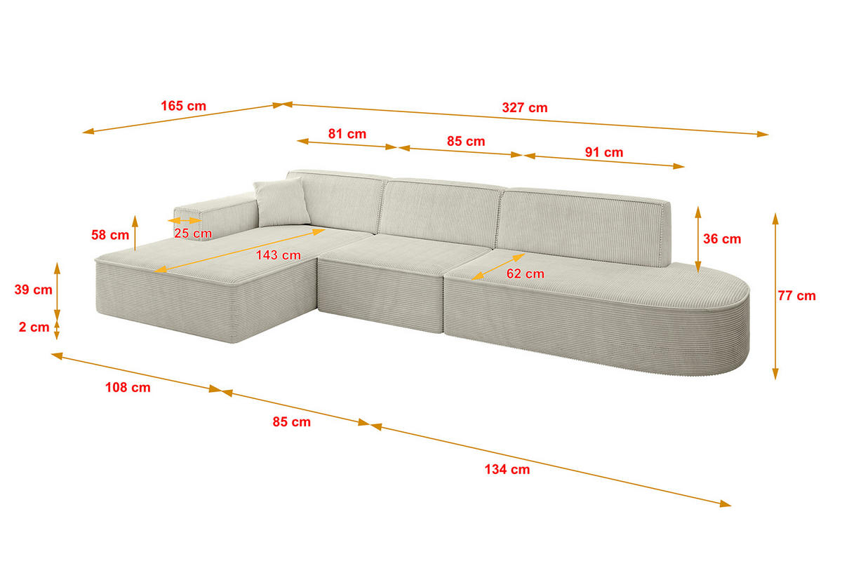 ECKSOFA Ottomane Links IREA-L2-v4 - 327x165x77 cm Hellgrau - Ecru, Holzwerkstoff/Textil (327/165cm) - ALTDECOR