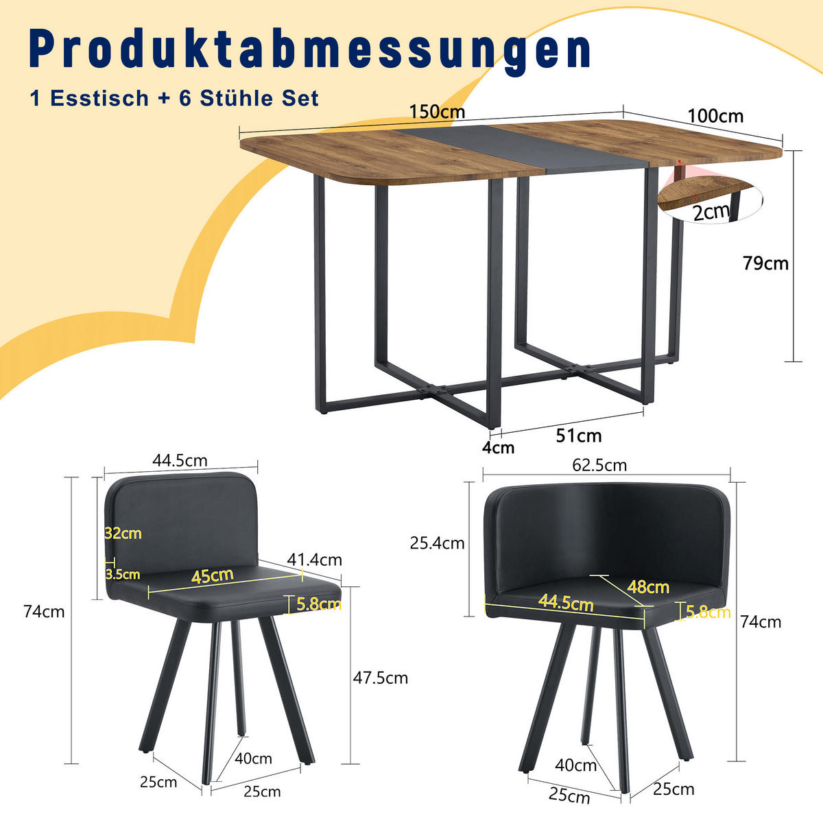 ESSGRUPPE DE-39495 ausziehbar, mit 4 Stühlen und Metallgestell Holzoptik/Schwarz - Schwarz/Naturfarben, Holzwerkstoff (150/79/100cm) - ComfortXL