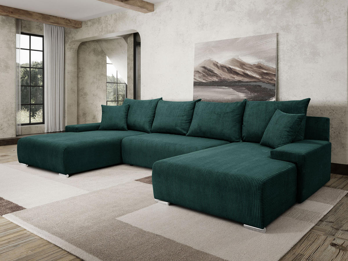 WOHNLANDSCHAFT Lauren in U-Form 348 x 188 cm, 5 Sitzer, Bettzeugablage, Big Sofa, Eckcouch, Cord, grün - Grün, Kunststoff (348/93/188cm) - Margaret Hadas24