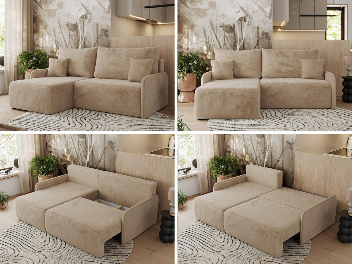 ECKSCHLAFSOFA ARPA L Beige Plüsch - links - Beige/Schwarz, Kunststoff/Textil (198/150cm) - MKS