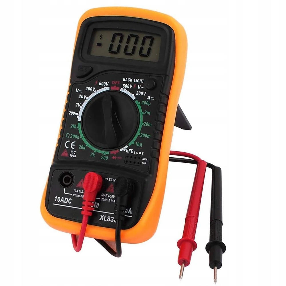 MULTIMETER DT-830B Digital - beleuchtetes LCD, HOLD-Funktion, DC/AC 600V, 10A, Widerstand, hFE, Diodentest, Gummihülle, 9V - Multicolor, Kunststoff/Metall (10/10/10cm)
