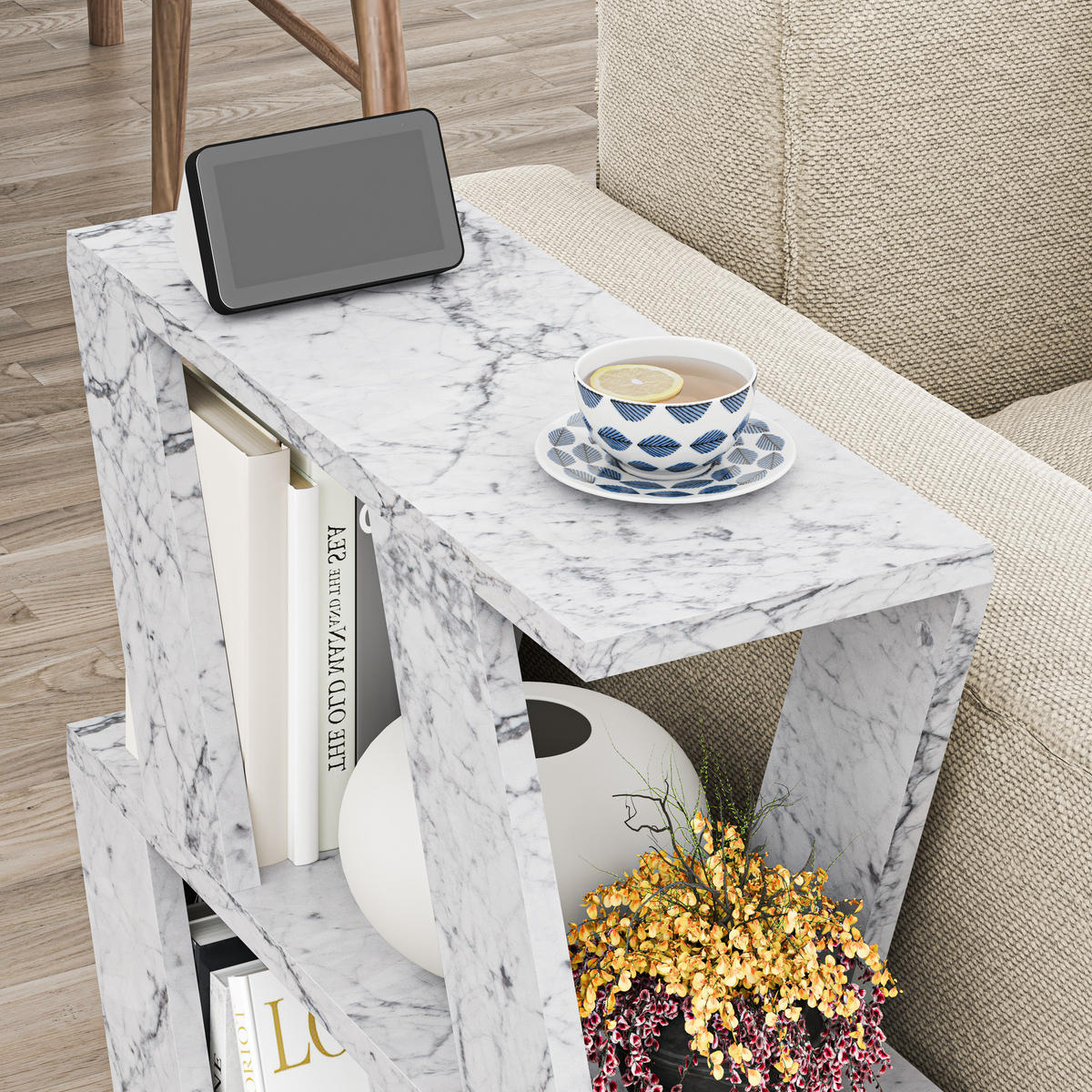 BEISTELLTISCH Lazena Weißer Marmoreffekt 60/22/55,4 cm - Hellgrau, Holzwerkstoff (22/60/55.4cm) - Decortie