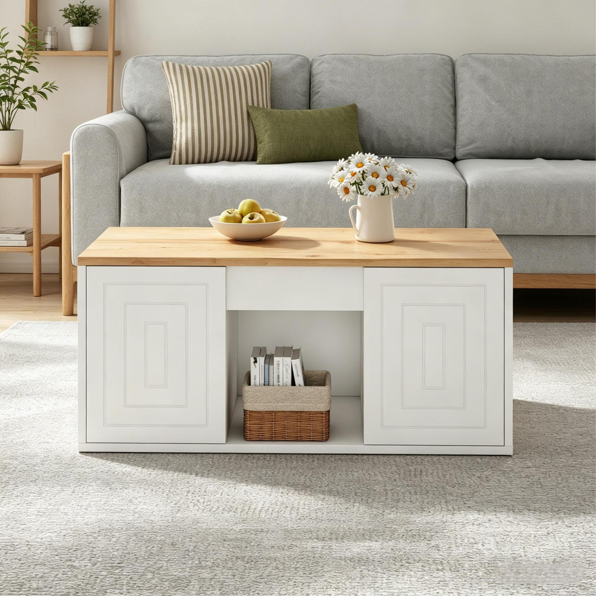 COUCHTISCH höhenverstellbar 95 x 46 x 45 cm Weiß/Natur mit Stauraum - Weiß, Holzwerkstoff (46/95/45cm) - Meubliv