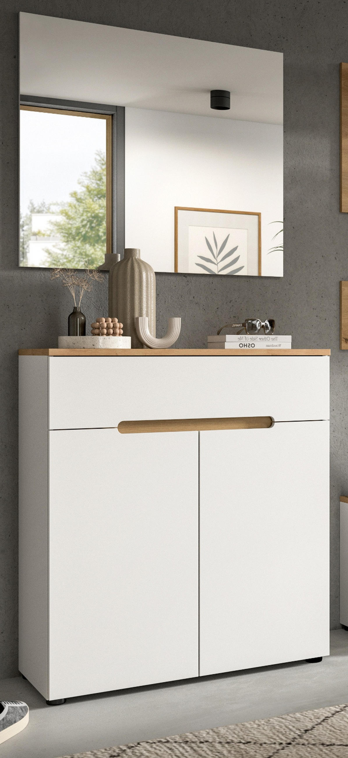 GARDEROBEN-SET weiß, Eiche Artisan 2-teilig, Flurkommode mit Soft-Close - Weiß, Glas/Holzwerkstoff (80/190/37cm) - Inn.Furn