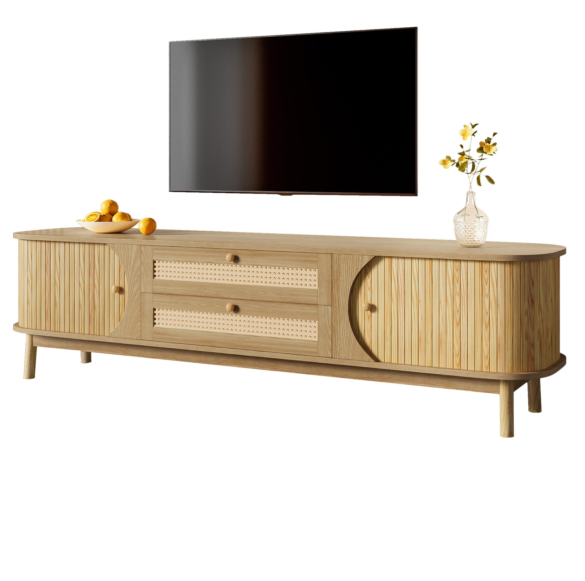 LOWBOARD 170/39,5/46 cm aus Holzwerkstoff und Massivholz mit Rattanfronten Natur - Eichefarben, Holzwerkstoff (170/46/39.5cm) - Modenvie