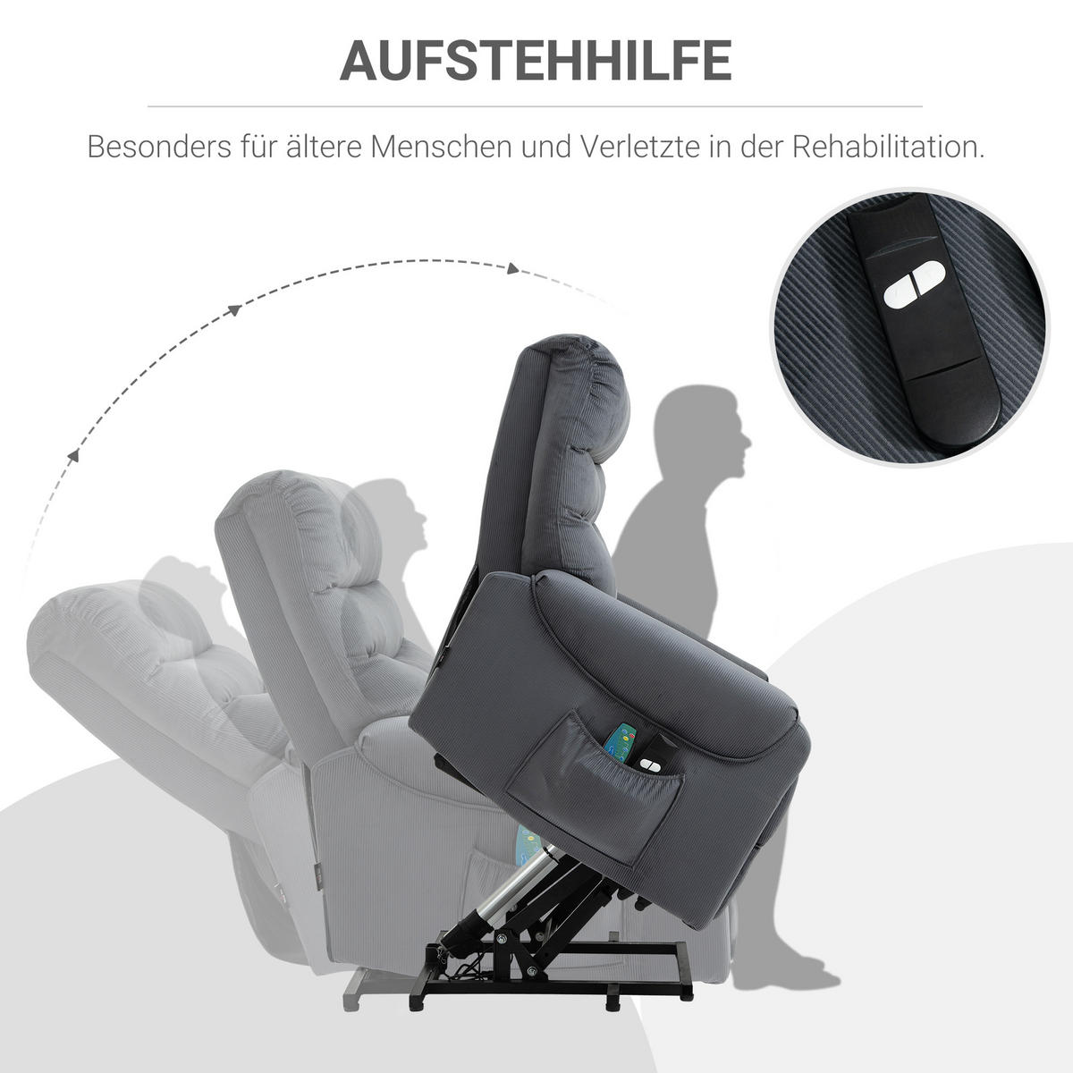 FERNSEHSESSEL Sessel mit Aufstehhilfe mit Massagefunktion Heizung Dunkelgrau - Dunkelgrau/Schwarz, Textil/Metall (97/103/79cm) - HOMCOM