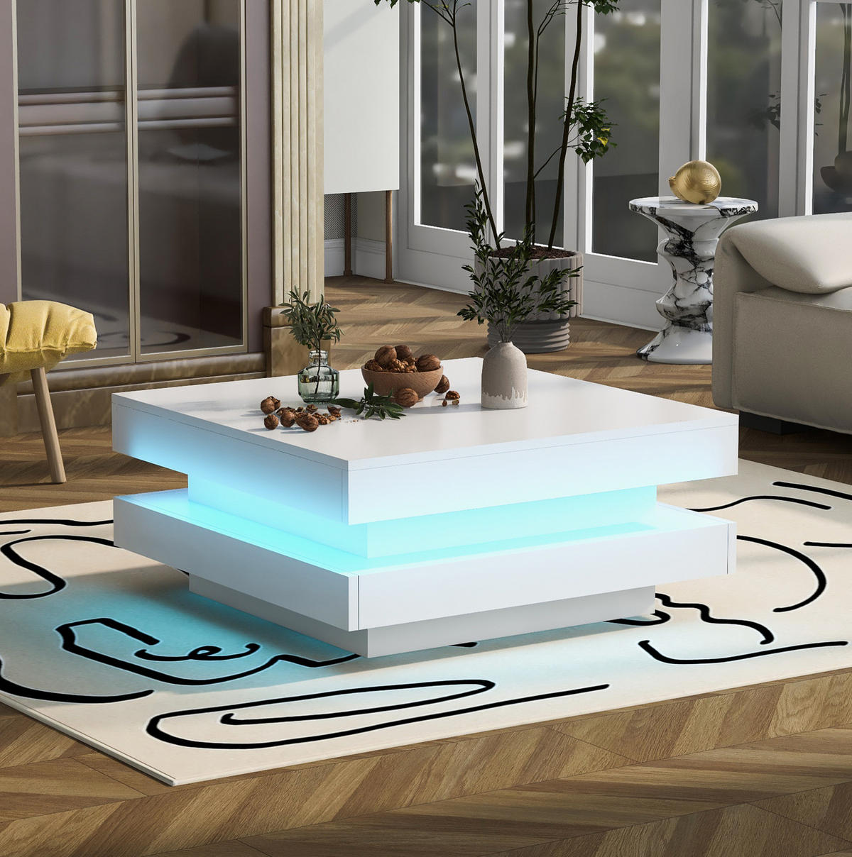 COUCHTISCH aus Spanplatte 70x70x36 cm in Weiß mit LED-Beleuchtung & Drehplatte - Weiß, Holzwerkstoff (70/70/36cm) - Modfu