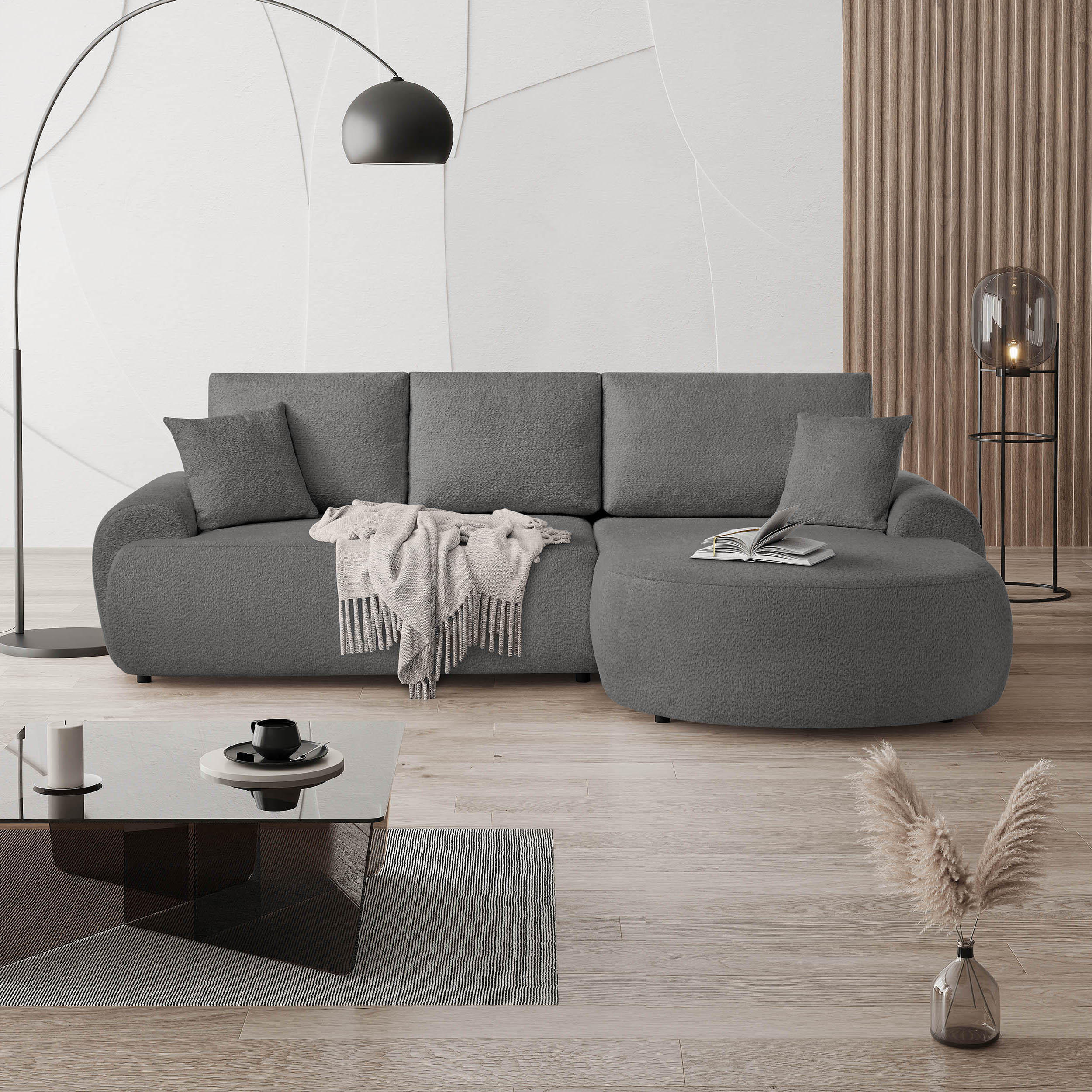 ECKSOFA Teddy L Grau, Bouclé-Stoff, rechts - Schwarz/Grau, Textil (270/170cm) - Beautysofa