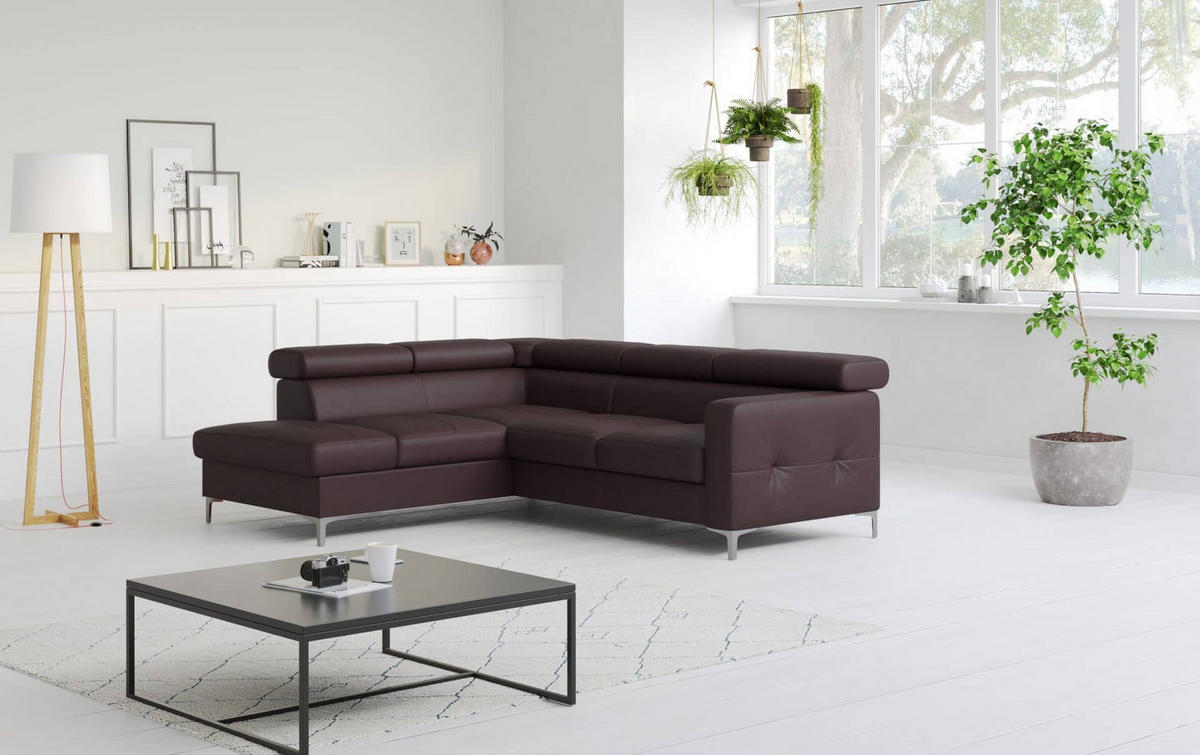 ECKSCHLAFSOFA aus Echtleder mit Schlaffunktion und Bettkasten - Chromfarben/Dunkelbraun, Leder/Holz (242/207cm) - Cotta