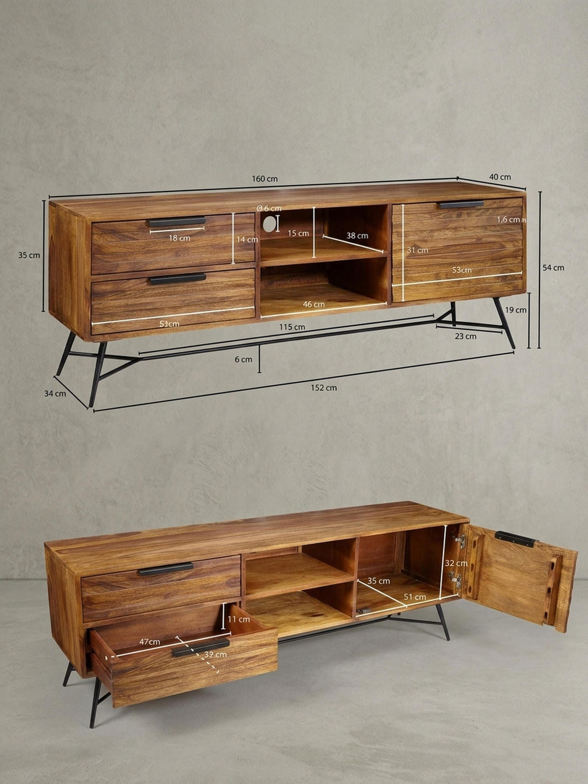 LOWBOARD Massivholz Industrial Stil 160x54x40 cm Modell NISHAN - Schwarz/Braun, Holz/Metall (160/54/40cm) - KADIMA DESIGN