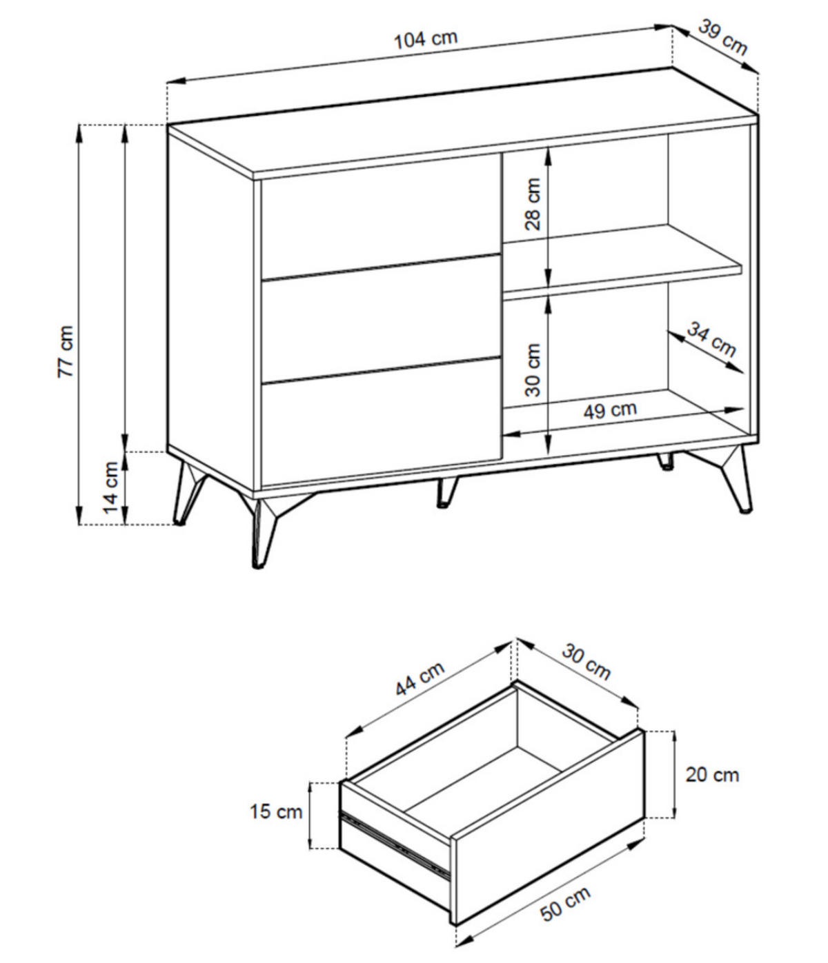 KOMMODE Diamond Eiche Evoke/Schwarz 104/39/77cm mit Schubladen - Eichefarben/Schwarz, Holzwerkstoff/Metall (104/77/39cm) - SIMKAM Furniture