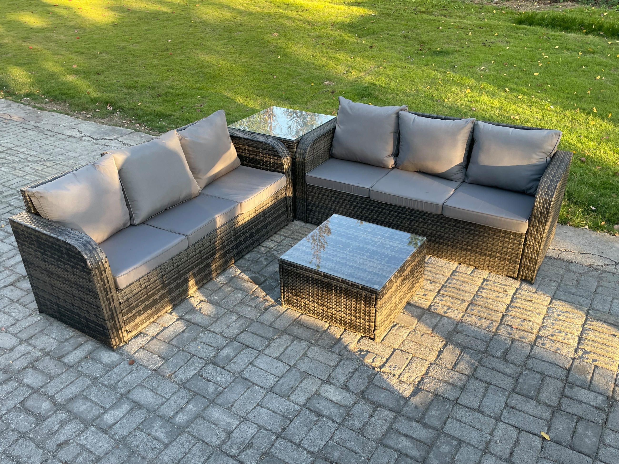 GARTENTISCHGRUPPE Polyrattan Dunkelgrau 4-teilige - Dunkelgrau/Grau, Glas/Kunststoff - Fimous